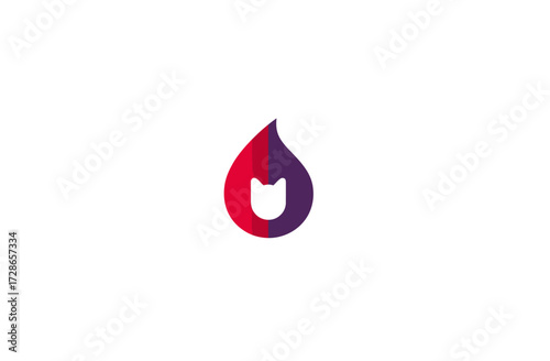 A stylized teardrop shape logo, bisected by a vertical line. Colors red, purple, and white. The tear's interior shape is of a cat