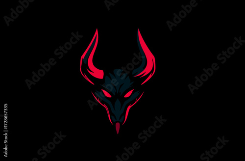 A stylized head of a creature with red horns and eyes on a black background