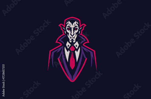 Stylized illustration of a vampire in a suit, rendered with bold outlines and a dark color palette, capturing the essence of gothic horror