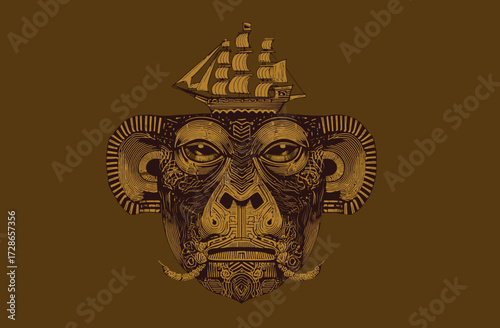 Stylized monkey face with ornate features, topped by a sailing ship, on brown