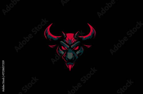 A stylized demonic bull's head, with glowing red eyes and horns on a black background