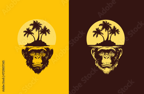 An ape's face reflecting a tropical island scene with palms and a golden sun against split backgrounds