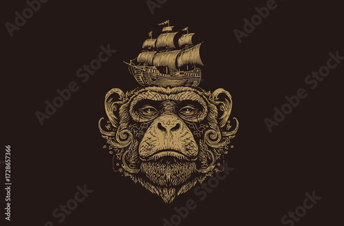 An artistic illustration presents a monkey's face with a tall sailing vessel balanced on its head