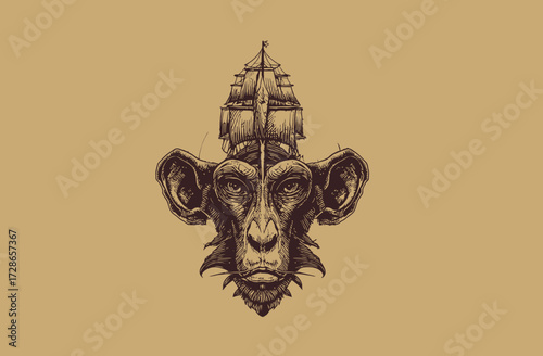 Stylized monkey illustration with a ship atop its head on a tan backdrop