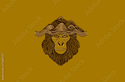 Monochromatic illustration of a gorilla head wearing mountains on a solid backdrop