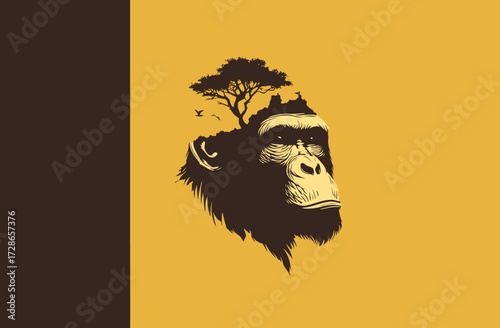 Graphic brown gorilla head, detailed face, with a tree on top, against a golden background