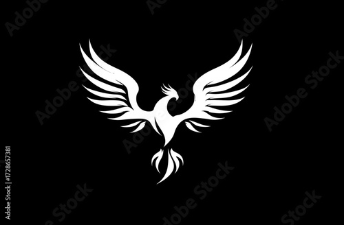 White phoenix stylized, wings spread against black background, tail feathers flaming