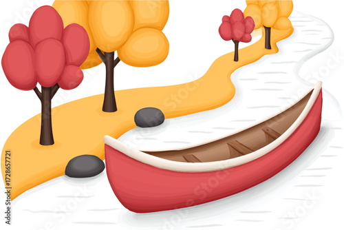 a cartoonish landscape featuring a red boat on a snow-covered hill flanked by yellow trees