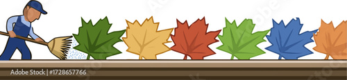 a cartoon-style illustration of a man digging with a broom surrounded by colorful leaf shapes