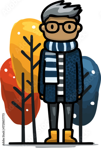 a cartoon character dressed in winter gear standing amongst colorful objects
