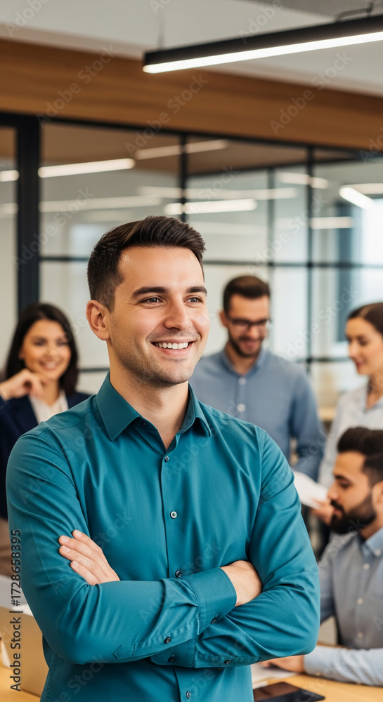 Obraz premium Smiling man in teal shirt, arms crossed, confident pose, other colleagues blurred in background, showcasing teamwork and success in modern office