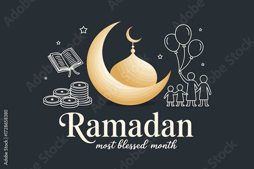 Ramadan Festival Ornaments with Topi, Lanterns, and Quran Elements