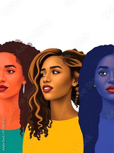 Five diverse women in colorful profiles, symbolizing unity and inclusivity.