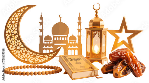 Ramadan Festival Ornaments with Topi, Lanterns, and Quran Elements