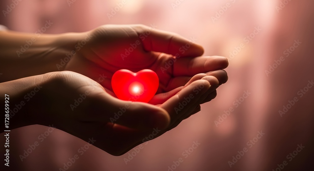 Fototapeta premium Holding a Lit Heart: A tender moment unfolds as a pair of hands gently cradle a glowing, heart-shaped object, bathed in soft, warm light, evoking feelings of love, care, and compassion.