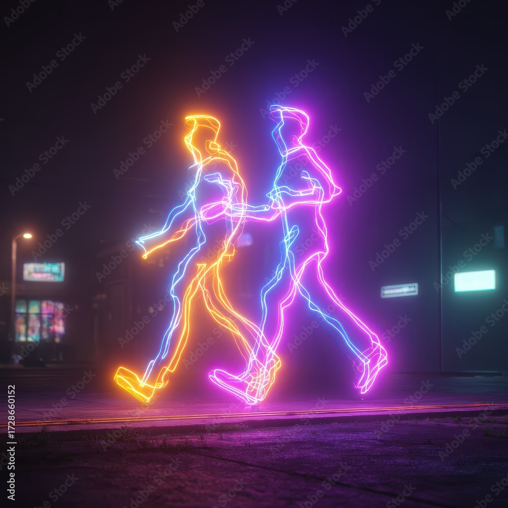 Fototapeta premium Neon figures of two people depicted as walking. The vibrant figures are in a nighttime urban setting.