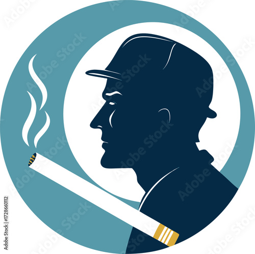 Silhouette man in cap smoking cigarette with smoke swirls and circle background vector