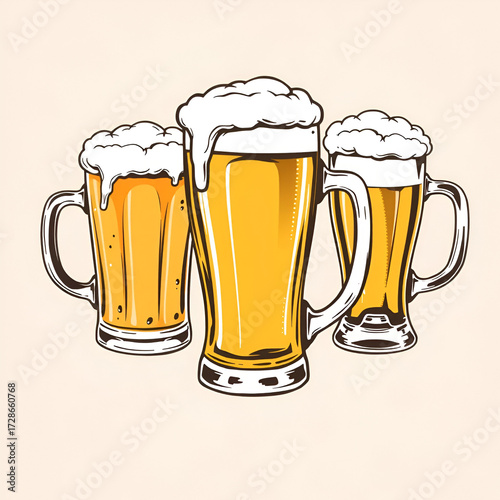 hand drawn full beer glasses with dropping froth. beer mugs illustration in vintage style isolated on grunge background. various types of beer pints. Great for poster, pub, label, menu design.