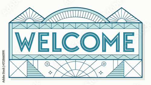 Stylized Welcome Sign Shows Line Art With Geometric Shapes Greeting Friends