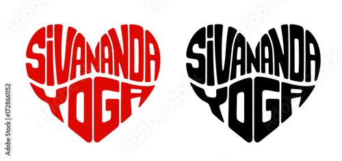 Heart-shaped sticker set featuring "SIVANANDA YOGA" in colorful and black design. Tradition founded by Swami Sivananda including 12 basic asanas, breathing, mantras and philosophy