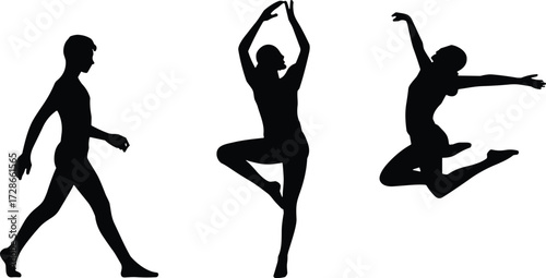 Human movement silhouettes, walking pose, ballet dancer, leaping figure, black icons, expressive motion, physical activity, isolated white background