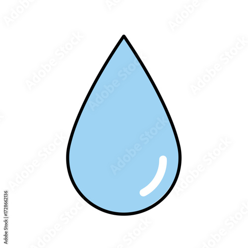 Cute blue water drop icon. Simple vector illustration of a liquid droplet with outline and highlight.