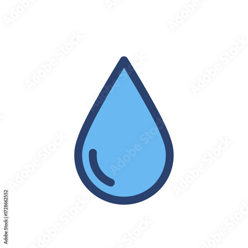 Blue Water Drop Icon Illustration. Simple graphic symbol of a single liquid droplet, representing water, hydration, or a teardrop.