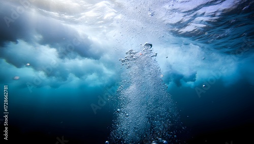 Underwater bubbles rising towards the surface in a blue ocean with light reflecting off the water 90
