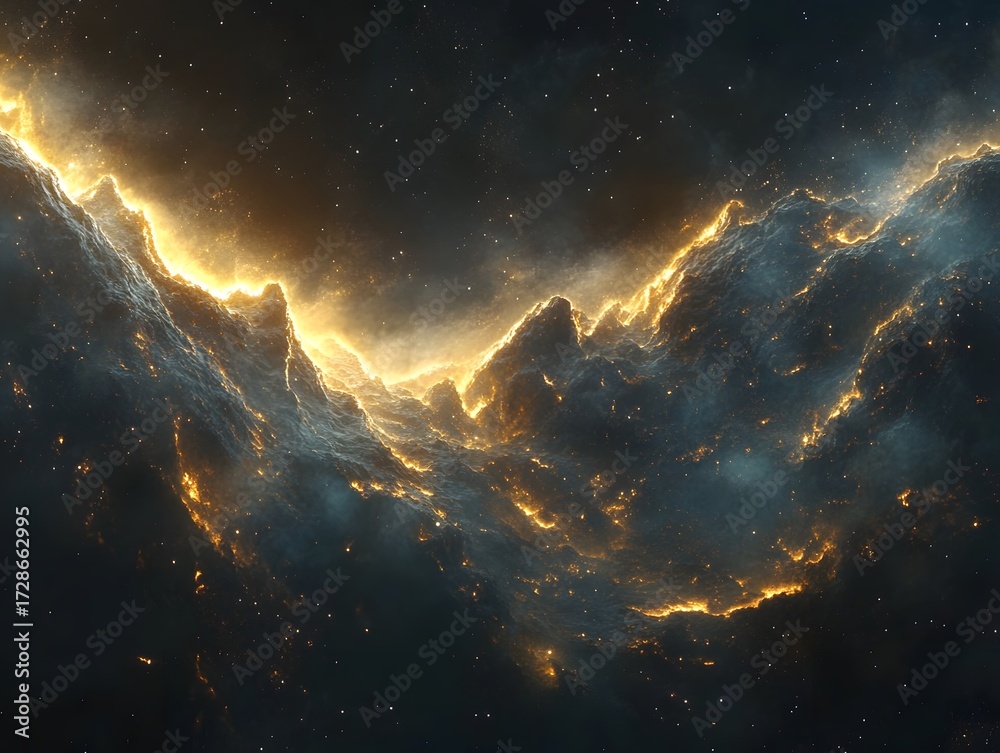 Fototapeta premium Cosmic mountain range illuminated by golden nebula light and stars