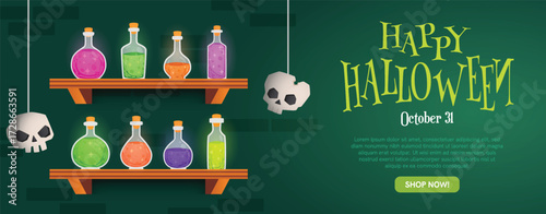 Halloween Banner with Potion Bottles and Skulls. Perfect for party invitation, seasonal promotion, poster, flyer, or digital marketing material.