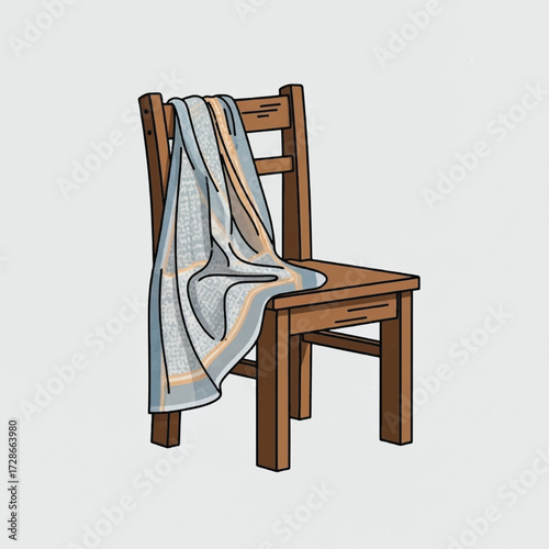 Cartoon illustration of a simple wooden chair with a patterned blanket draped over its back, on a plain background.