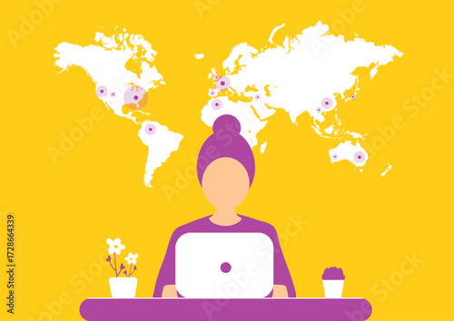Girl working on laptop at table freelance work at home with the world map behind her. Concept of remote working and work from anywhere. Vector illustration.
