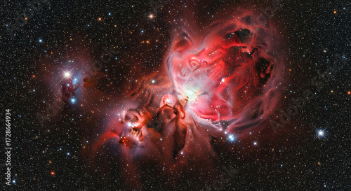 Spectacular Deep Space View of Vibrant Red Orion Nebula and Star Cluster
An absolutely stunning, high-resolution deep-space photograph showcasing the majestic Orion Nebula (M42)
