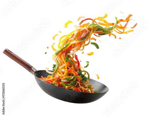 Colorful noodles flying from a wok