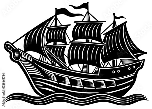 Caravel Ship Silhouette, Columbus Day Voyage SVG, PNG