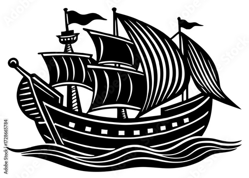 Ship With Columbus Flag Silhouette, Columbus Day Explorer SVG, PNG