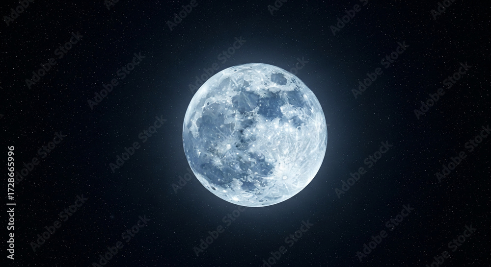 Obraz premium Striking Blue Full Moon with Detailed Craters in Dark Space A spectacular, high-impact close-up photograph of a Full Moon, rendered in a mesmerizing cool blue or cyan tone, suggesting a
