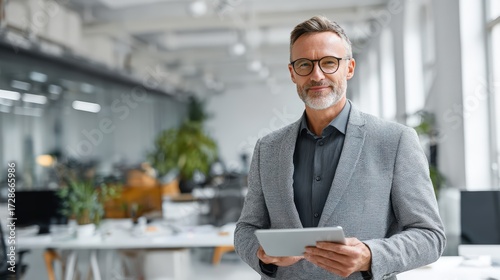 Smart-Casual Businessman Holding Tablet in Modern Setting
