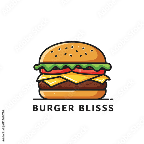 Flat 2D vector illustrations present a professional collection of burger restaurant logos featuring delicious, mouth-watering food icons on a plain white background.