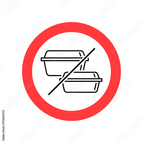 Red circular prohibition sign with two disposable food containers crossed out symbolizing a ban on plastic waste.