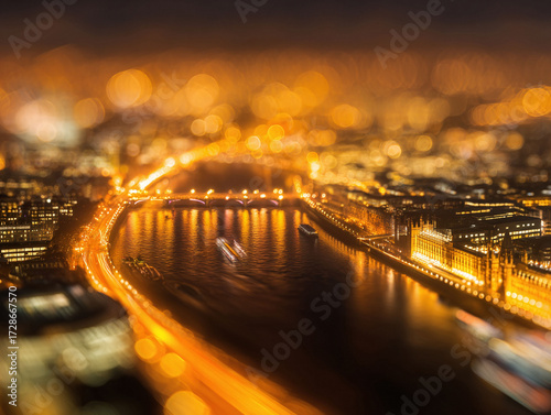 Tiltshift aerial view of a vibrant city at night, with glowing lights reflecting on the river. Evokes wonder, movement, and urban energy. Great for travel or finance.