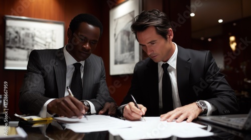 Business meeting in a modern office with two men discussing contracts in the evening