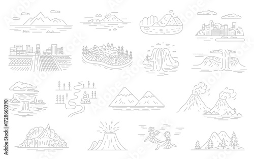 Collection of scalable vector line art illustrations depicting diverse mountainous landscapes and nature scenes silhouette
