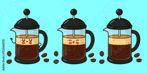 Cute French press coffee character illustration with beans
