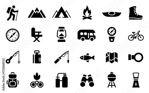 Collection of black and white camping and outdoor activity vector icons for various designs silhouette