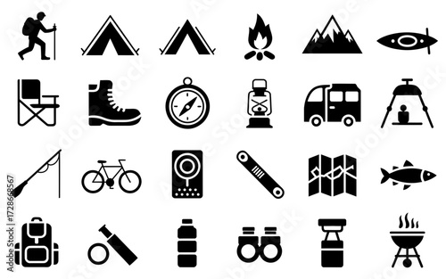 Comprehensive outdoor adventure and camping icon set vector graphics for your projects silhouette