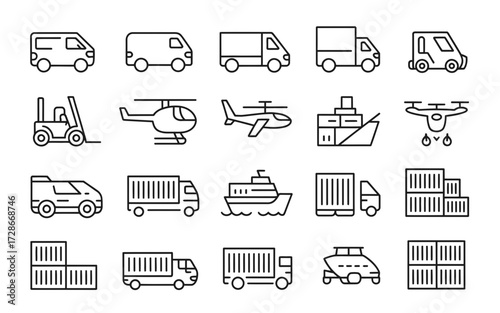 Collection of diverse transportation vehicle icons for logistics and delivery services vector illustration silhouette