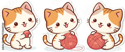 Three Adorable Cartoon Kittens Play Cheerfully With Balls Of Yarn And Smiles