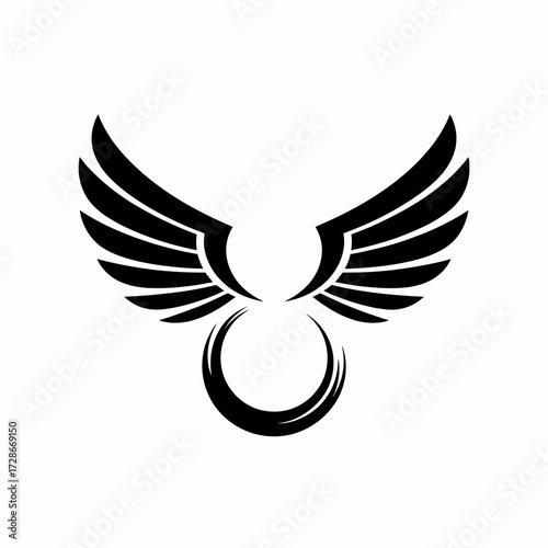 Stylized minimalist black wings embracing a circular emblem vector graphic silhouette