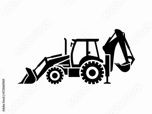 Scalable vector silhouette icon of a backhoe loader for construction and agriculture applications silhouette